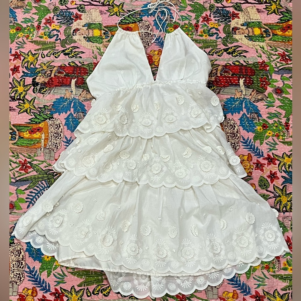 Rebecca Taylor White Appliqué Tiered Ruffle Mini Dress